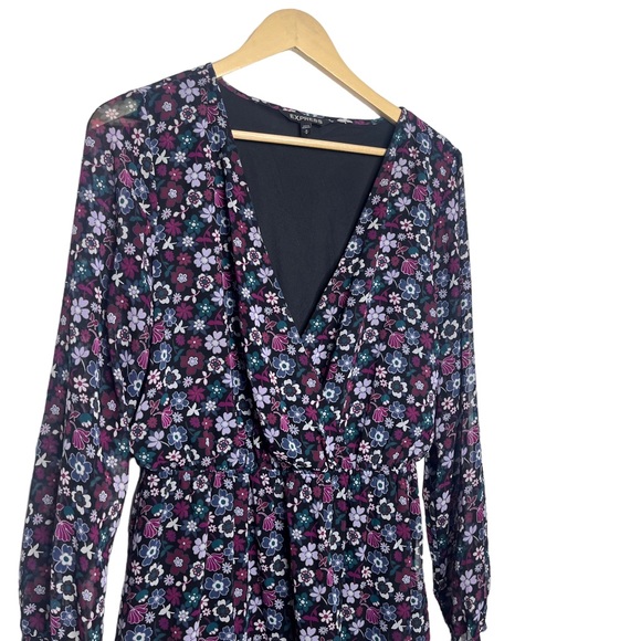 Express Floral Fit and Flare Faux Wrap Long Sleeve Dress - Picture 3 of 8